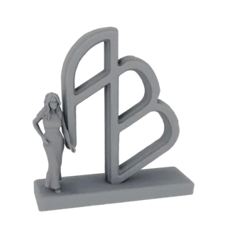 3D model render of a stylized 'AB' logo sculpture with a miniature woman figure standing to its left, all on a rectangular ba