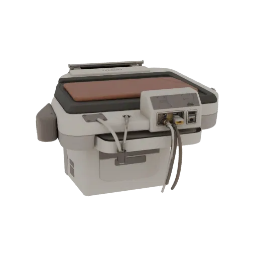 Hochdetailliertes 3D-Modell des OP-Saal Trainingsmonitors, Nahaufnahme im Studio-Rendering, zeigt neutrale Kunststoffe, Layou