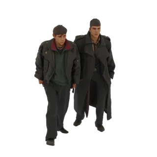 3D model of two men walking side-by-side, both wearing dark trench coats and looking forward.