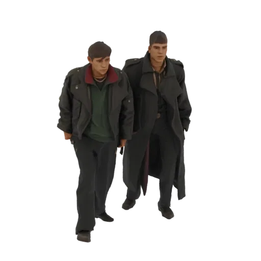 3D model of two men walking side-by-side, both wearing dark trench coats and looking forward.