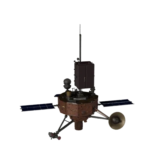 Research Space Probe 3D model, three-quarter front view, Unreal Engine viewport, showing solar panels, form detail.