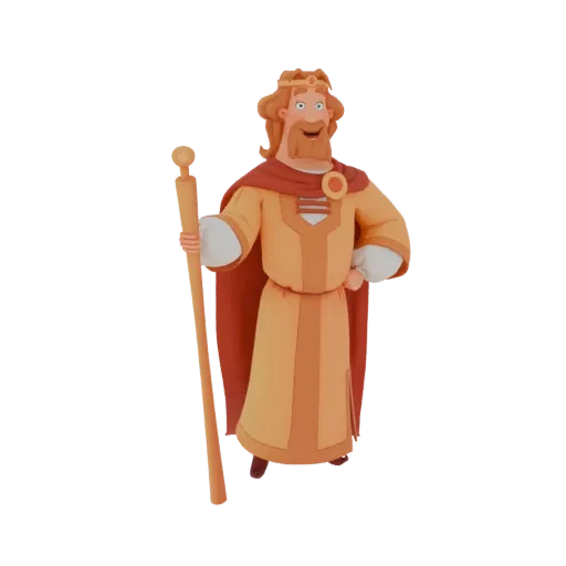A 3D render of a cartoon king with a golden crown, red cape, and scepter, smiling warmly.