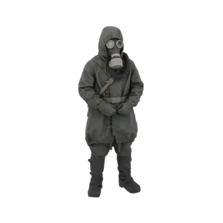 Modello 3D di un soldato WWII con maschera antigas e tuta protettiva completa, in posa neutra.