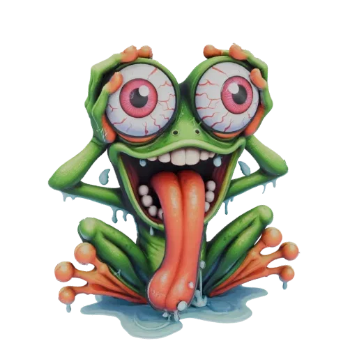 3D model of a green frog with wide, bloodshot eyes, a huge grin, and a long, bright orange tongue sticking out, sitting in a