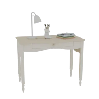 A 3D render of a classic white desk with a white lamp, a pen holder with pens, and a stack of books on its surface.
