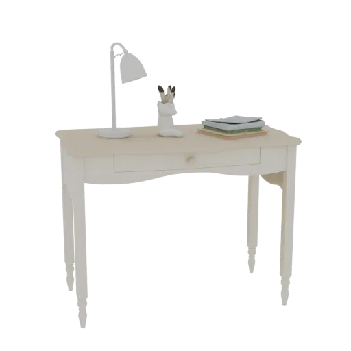 A 3D render of a classic white desk with a white lamp, a pen holder with pens, and a stack of books on its surface.