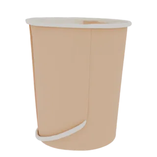 Modello 3D di un bicchiere di carta beige con bordo bianco, mostrato da una prospettiva leggermente angolata.