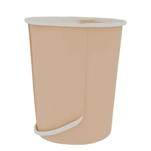 Modello 3D di un bicchiere di carta beige con bordo bianco, mostrato da una prospettiva leggermente angolata.