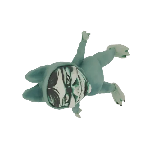 3D model of a creepy cute character in a teal kaiju onesie, with a striking mask-like face, in a dynamic pose.