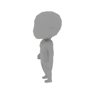 Side view of a gray, low-poly Chibi character 3D model with a large head and small body.