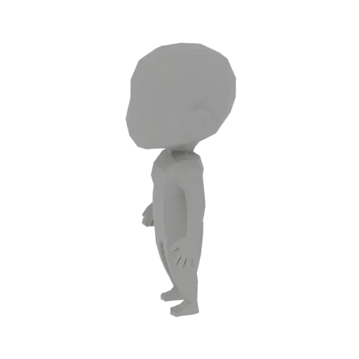 Vista laterale di un modello 3D di personaggio Chibi low poly grigio con testa grande e corpo piccolo.
