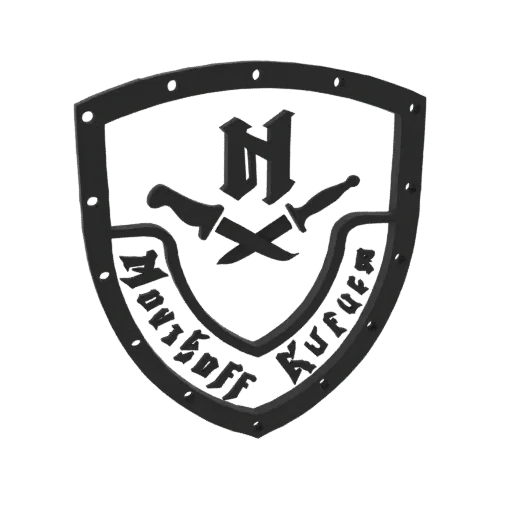 Render 3D di un emblema nichilista scuro e metallico con coltelli incrociati e 'N' gotica su sfondo nero.