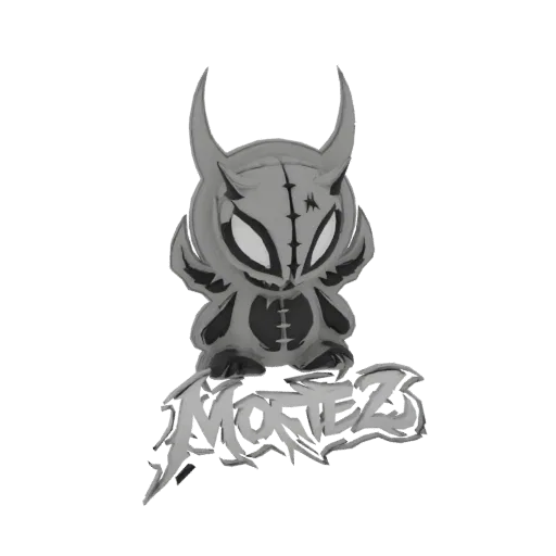 3D model render of Mortez, a cute chibi demon with horns, standing on a 'Mortez' logo base, in grayscale.