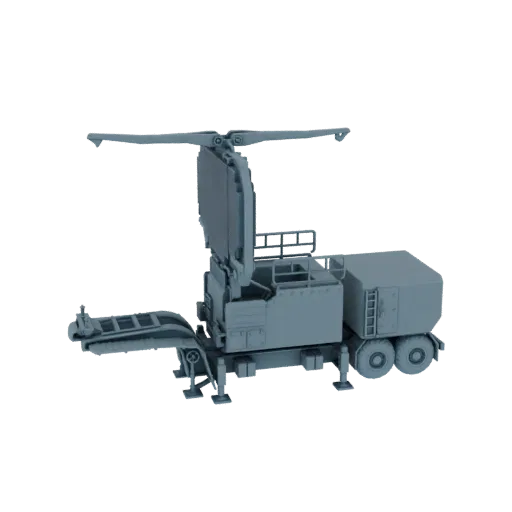 3D model of a mobile radar system with a large deployable dish, mounted on a wheeled vehicle chassis, against a black backgro