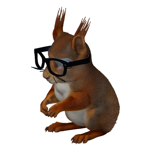 A 3D render of a cute, brown squirrel wearing black-rimmed glasses, sitting with its paws clasped.