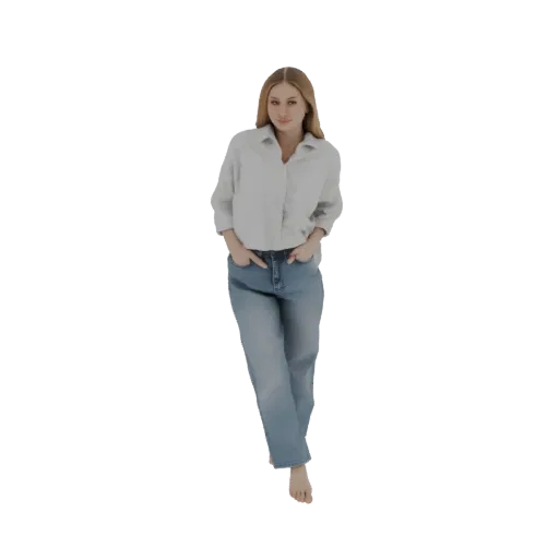 Modello 3D di una giovane donna con capelli biondi, che indossa una camicia azzurra e jeans, in piedi con le mani in tasca.