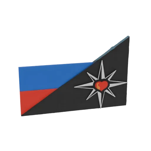 3D model of a flag with blue and red top sections, a black section with a white radiant star and red heart emblem.