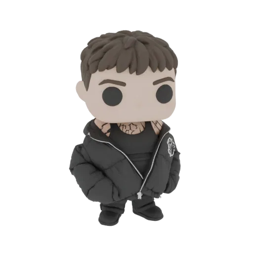 3D model of a chibi character wearing a black puffer jacket, with visible tattoos on its chest.
