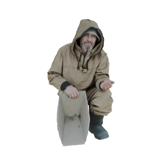 3D model of a man in a tan hooded jacket and pants, crouching with an open bucket in front of him.