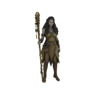 3D model of a female druidic sorceress with long dark hair, wearing green and brown rustic clothing, holding a vine-covered w