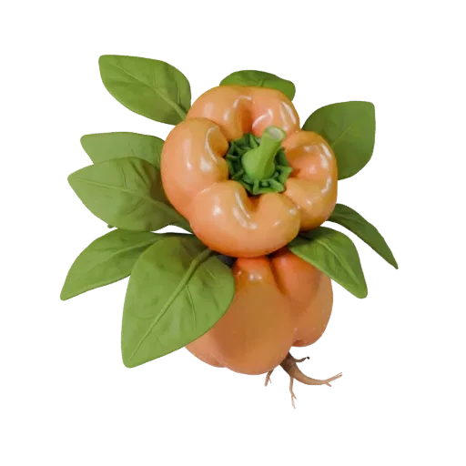Garden Bell Pepper Product Viz 3D model, three-quarter studio product render, showing leaf veins, form detail.
