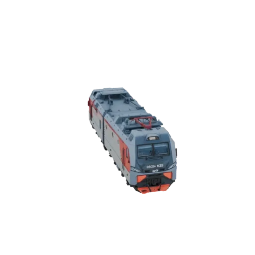 3D-Modell einer russischen Elektrolokomotive 2ES10 "Granit", aus einer leicht erhöhten Vorder-Rechts-Perspektive gezeigt.