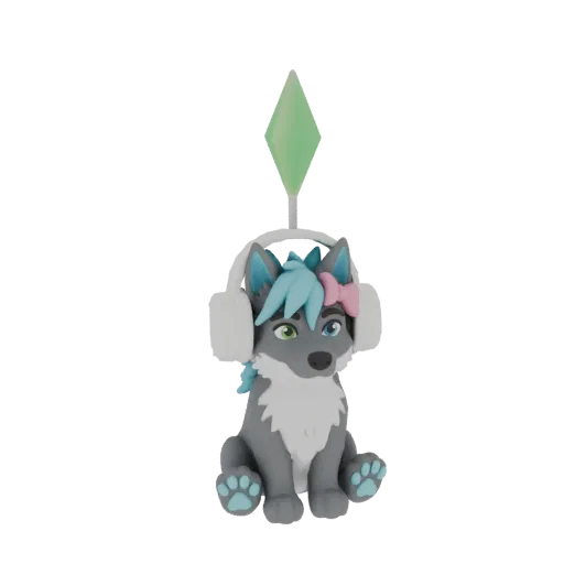 3D model of a cute wolf girl character with blue hair, headphones, and a pink bow, inspired by The Sims, with a green plumbob