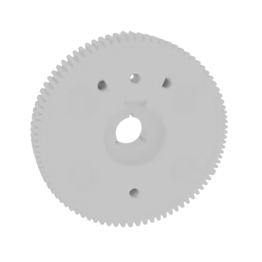 A 3D render of a white plastic gear with visible teeth and a central hub featuring a keyed opening, set against a black background.