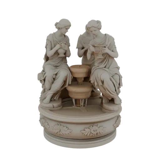 3D model of a classical fountain sculpture featuring three draped female figures, known as the Three Graces, with floral reli