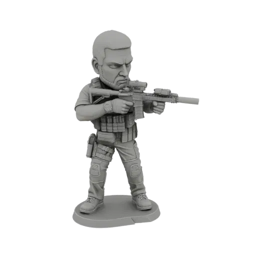 3D model of a chibi soldier in tactical gear, holding an assault rifle, with a large head and detailed equipment.