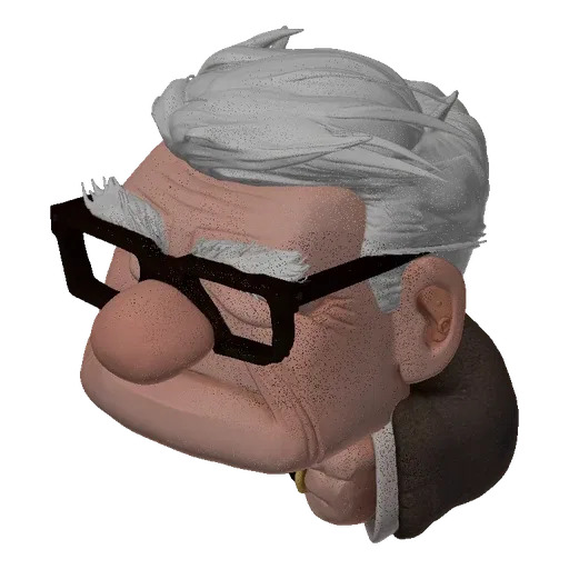 3D model of Carl Fredricksen from Disney Pixar's Up, wearing his glasses and looking stern.