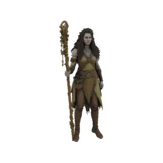 Modelo 3D de una Bruja Druida de la Tierra femenina con cabello largo y oscuro, vestida con ropa verde y marrón desgarrada, s