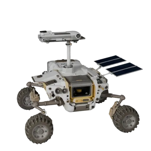Modèle 3D haute poly Prospector Planetary Rover, rendu studio rapproché, montrant les roues poussiéreuses, la posture du véhicule.