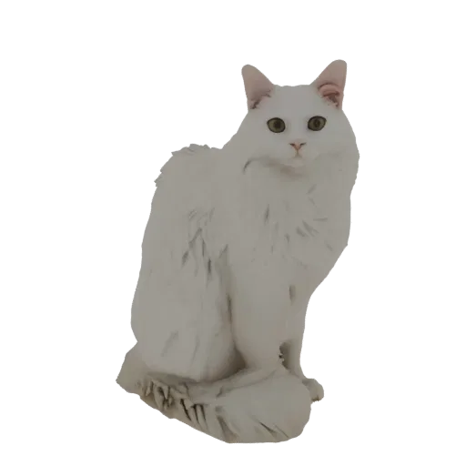Um modelo 3D de um gato branco fofo sentado com a cauda enrolada ao redor do corpo, olhando para o espectador.