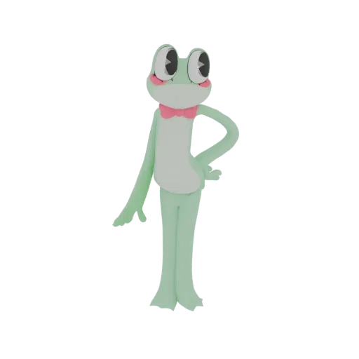 Un rendering 3D di un personaggio rana carina, verde chiaro, in piedi con una mano sul fianco, che indossa un papillon rosa.