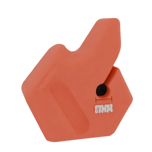 3D model of an orange ear protection device with a 7MM measurement marking, shown against a black background.