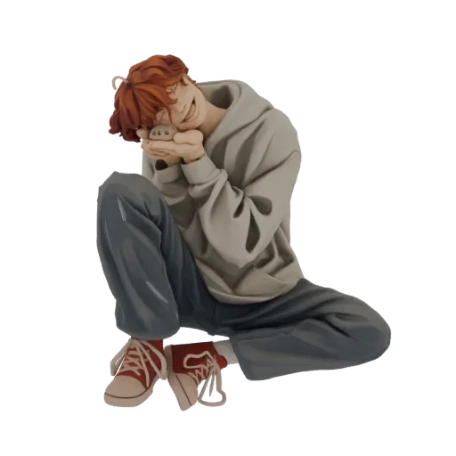 Modèle 3D d'un garçon anime souriant aux cheveux roux dans un sweat à capuche gris, accroupi et tenant doucement une petite c