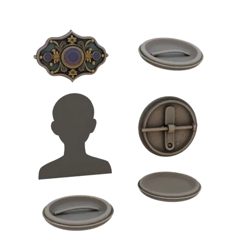 Vintage Decorative Pin product viz 3D model, close-up hero shot, with clean topology and PBR shading on the brooch.