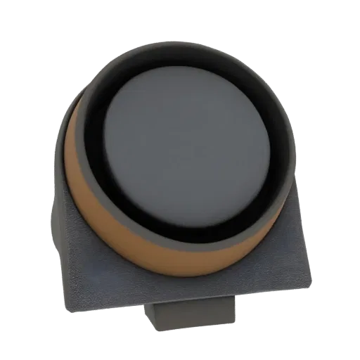 A 3D render of a modern desk lamp with a matte black base and a warm light emanating from its head.