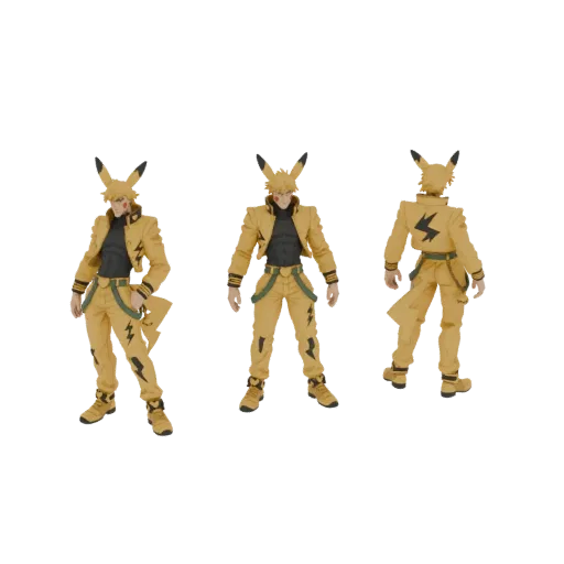 3D model of a character inspired by Pikachu, wearing a yellow jacket and pants with lightning bolt details, shown from multiple angles.