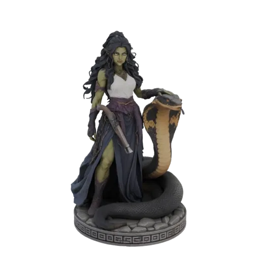 3D model of a serpentine sorceress with green skin, dark hair, and flowing purple and white robes, posing with a cobra on a d