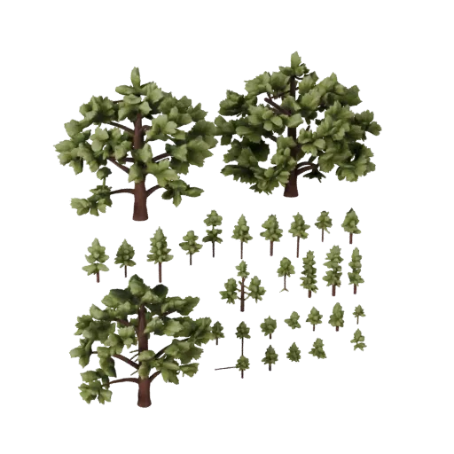 Pine Forest Pack Realistic 3D model, three-quarter environment render, showing leaf clusters, terrain detail.