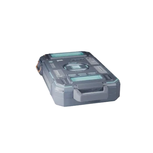 Cyberpunk Data Pad Low Poly 3D model, game viewport three-quarter view, showing emissive strips, strong prop silhouette.