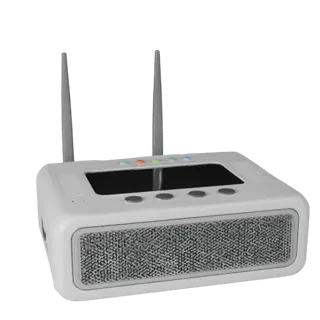 Router 3D model, three-quarter front view, Unity viewport, showing white plastic, compact device geometry.