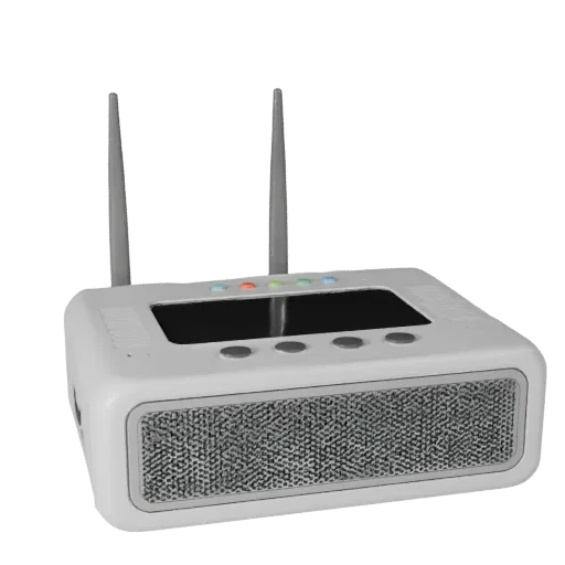 Router 3D model, three-quarter front view, Unity viewport, showing white plastic, compact device geometry.