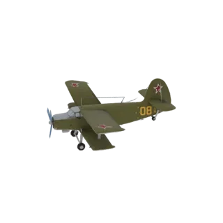 Modelo 3D de un biplano Antonov AN-2 verde con estrellas rojas y el número '08' en la cola, visto desde un ángulo de tres cua