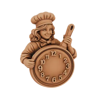Modelo 3D de um personagem de chef sorridente usando toque blanche, segurando um relógio com números de 1 a 12.