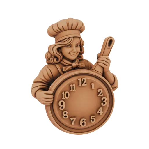 Modelo 3D de um personagem de chef sorridente usando toque blanche, segurando um relógio com números de 1 a 12.