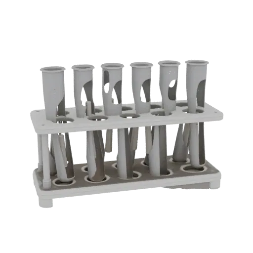 Research Test Tube Rack 3D model, side profile view, technical viewport render, showing glass, recognizable lab forms.