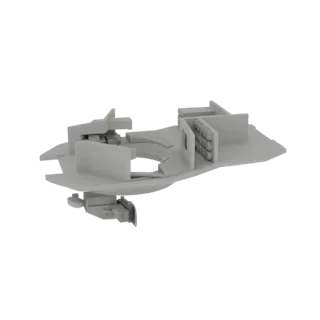 3D model of a futuristic modular space station component, showing internal compartments and a sleek, advanced design.